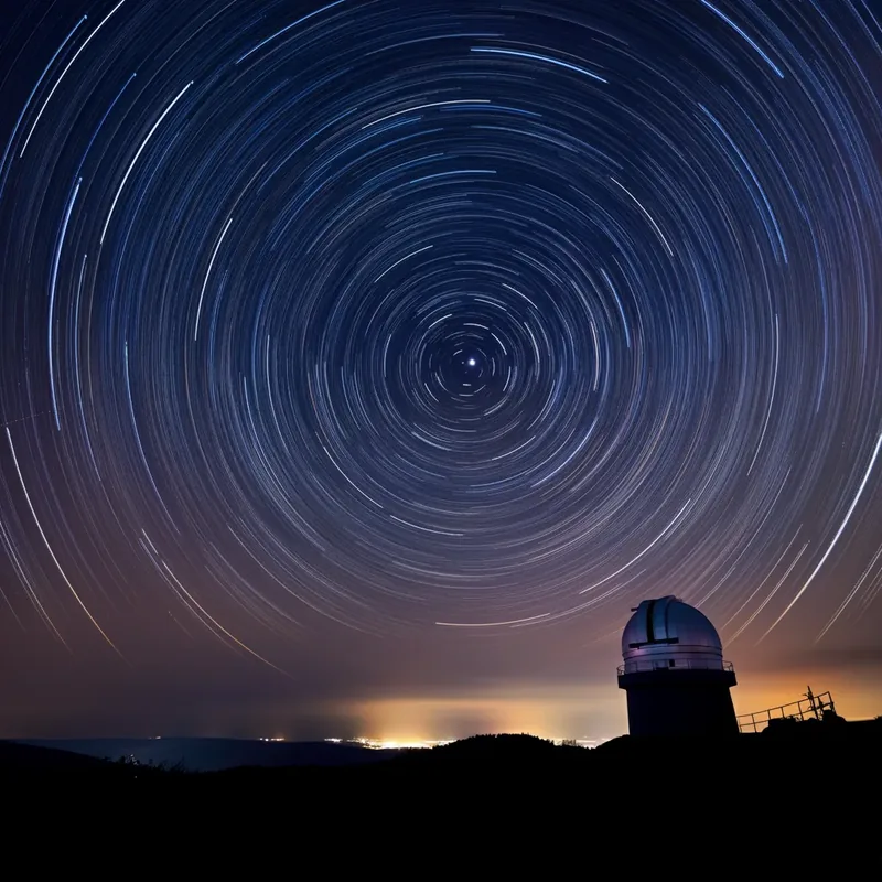 Long-exposure star trail photo style illustration with observatory silhouette and circular star arcs