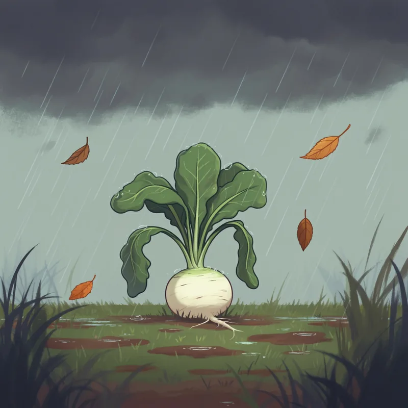 下降パターンのイラスト — 雨雲の下のカブと舞い落ちる枯れ葉