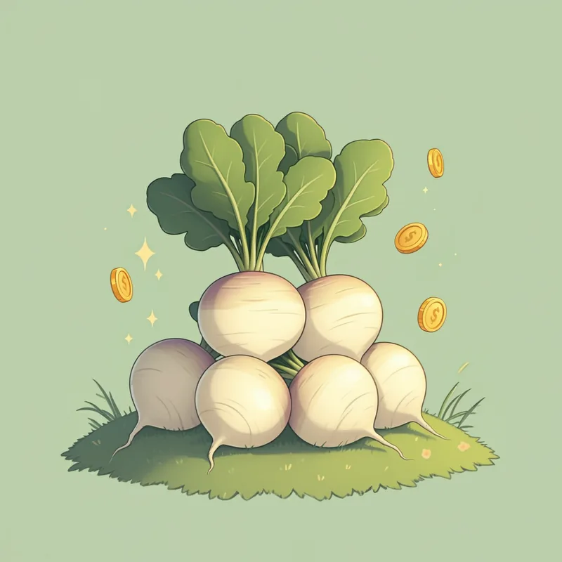 小儲けパターンのイラスト — カブの上に小さな金貨スパークルが浮かぶ様子