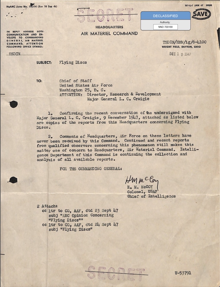 Declassified Secret document from Air Materiel Command.