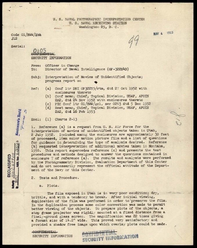 DOW-UAP-D098, Film Analysis of Unidentified Objects, 1953 (Montana, Utah, 1950, 1952)